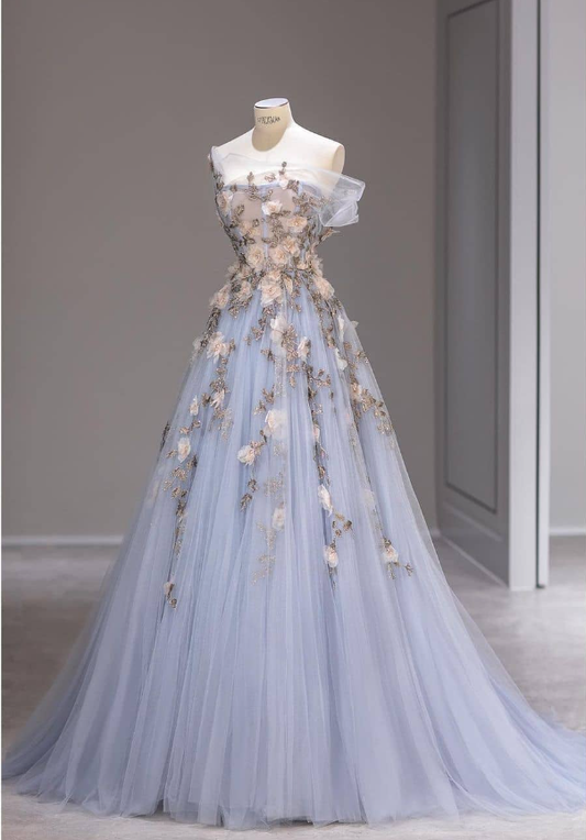 Fairy A Line Off the Shoulder 3D Flower Blue Tulle  Prom Dress Evening Dress DP1713