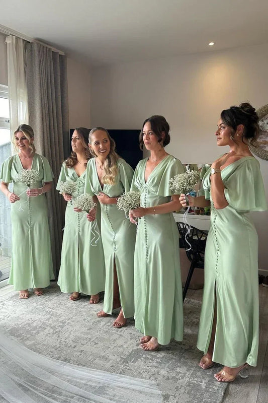 Flare Sleeves Sage Green Bridesmaid Dress with Buttons DP5561