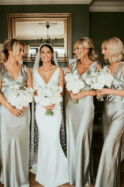 Sheath V Neck Sage Green Silk Satin Bridesmaid Dress with Bow DP5559