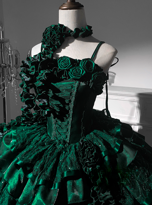 Green Roses Neckline Lolita Goth Boning Dress Sequins Tiered Ruffle Dress DP4492