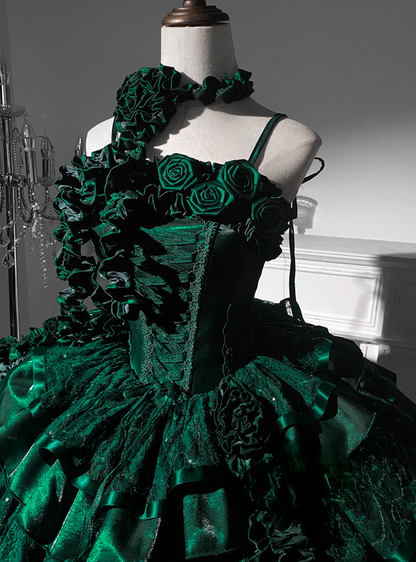 Green Roses Neckline Lolita Goth Boning Dress Sequins Tiered Ruffle Dress DP4492