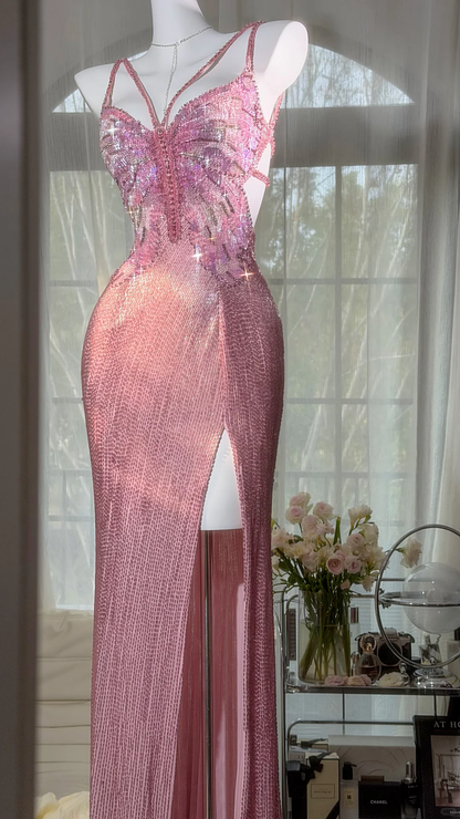 Stunning Pink Butterfly Sheath Beaded Long Prom Dress Graduation Prom Dress with Slit DP4944