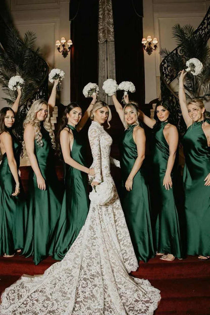 Emerald Halter Satin Pleated Mermaid Sleeveless Long Bridesmaid Dress DP5544