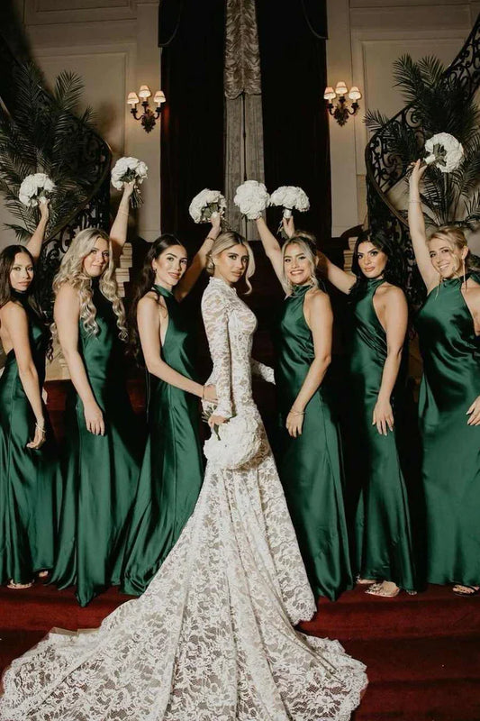 Emerald Halter Satin Pleated Mermaid Sleeveless Long Bridesmaid Dress DP5544