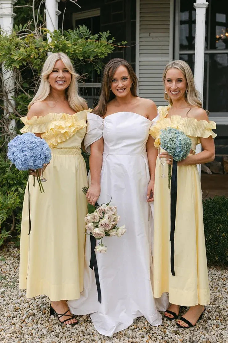 Yellow Off the Shoulder Ruffle Cotton Ankle Length Bridesmaid Dresses DP5564