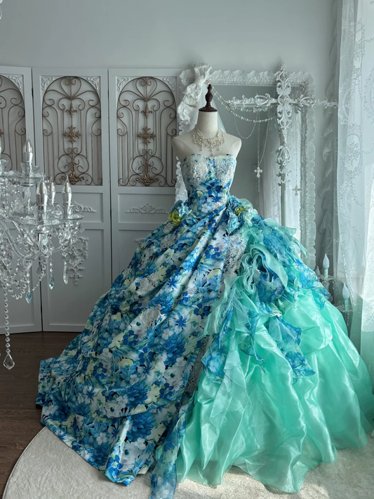Vintage Dreamy Blue Strapless Print Floral Organza Prom Dress Sweet 16 Dress DP5663