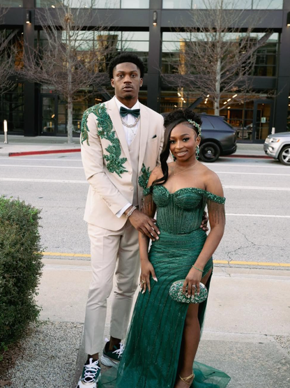Dark Green Sexy High Slit Beaded Sequin Organza Long Sweep Prom Dress DP5055