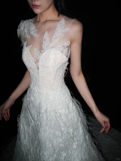 New A Line Sweetheart Neck White Applique Feather Tulle Long Wedding Dress DP8115