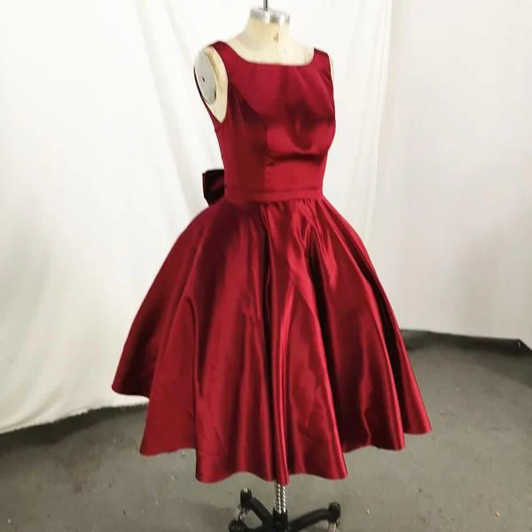 Burgundy Satin Backless Vintage Style Party Dress Homecoming Dress DP568