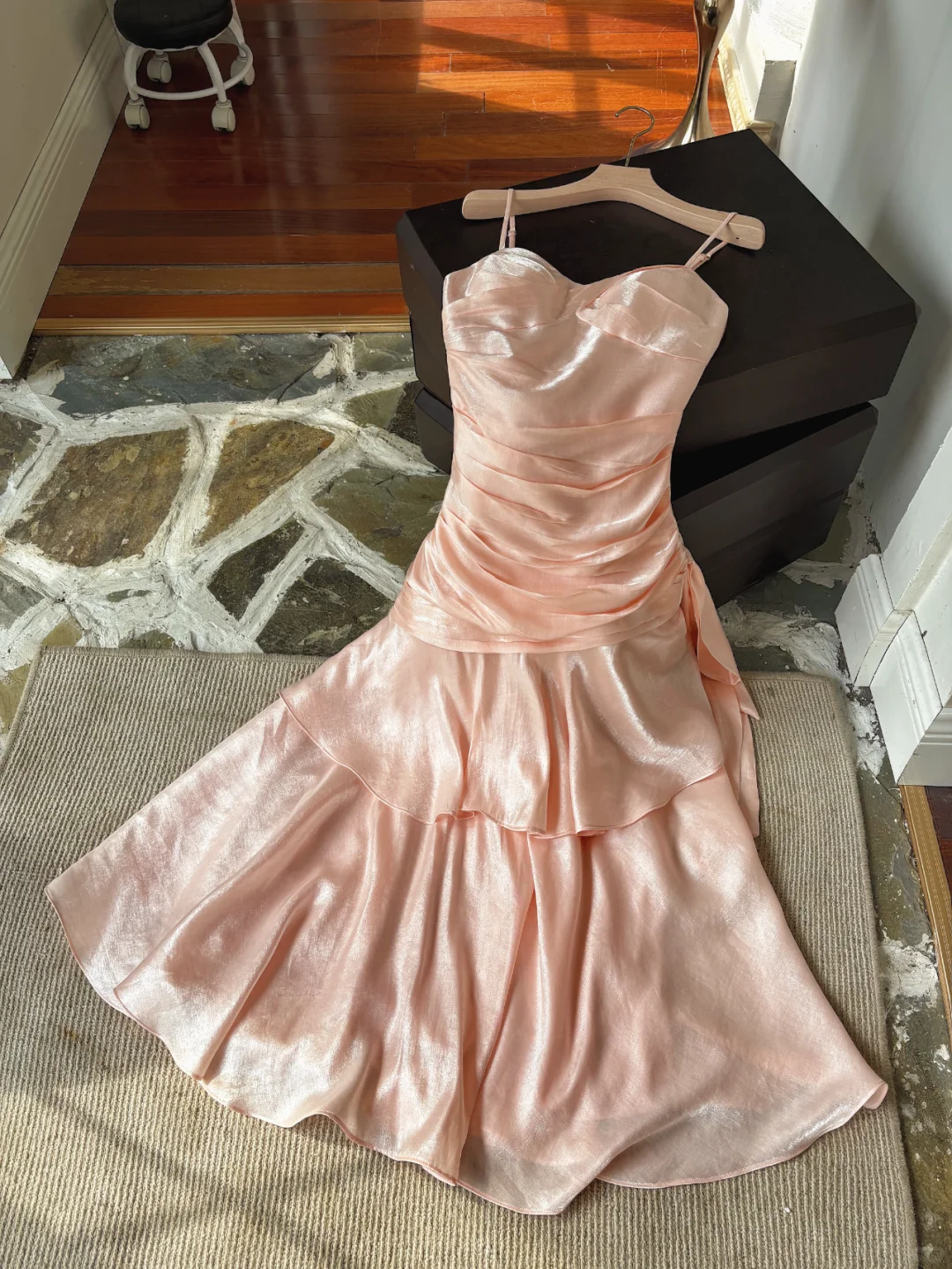 Pink Mermaid Spaghetti Strap Layered Satin Party Dress Wedding Guest Dress DP2586
