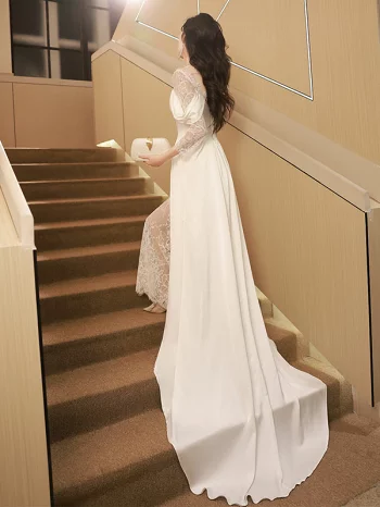 Classic A Line Off the Shoulder Black Lace White Satin Wedding Dress DP4355