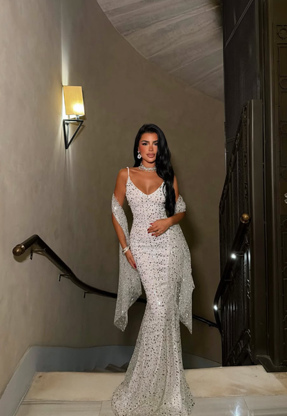 Shiny White Mermaid Spaghetti Strap Sequin Tulle Long Prom Dress Evening Dress DP8179