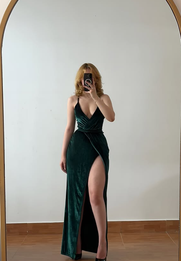 Sexy Emerald A Line Spaghetti Strap Velvet Slit Long Prom Dress Evening Dress DP6435