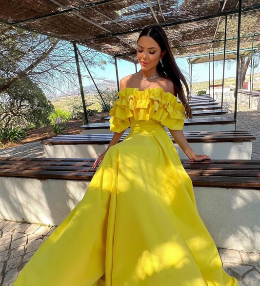 Charming A Line Off the Shoulder Yellow Satin Prom Dress Evening Dress DP1622