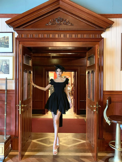 Cute A Line Puff Beaded Black Chiffon Short Homecoming Dress Outfits DP4555