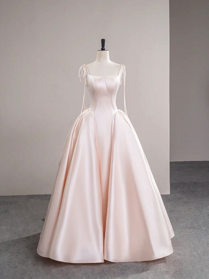 Light Pink Satin Spaghetti Strap Long Prom Dress Beautiful A-Line Evening Dress DP654