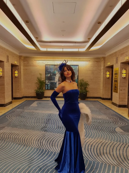 Sexy Classic Mermaid Strapless Royal Blue Velvet Prom Dress DP5023