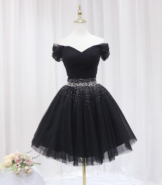 Black Off The Shoulder Tulle Beaded Short Prom Dress Homecoming Dress DP357