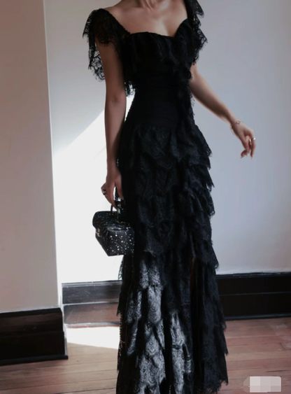 Stunning Black Sheath Straps Layered Lace Prom Dress Evening Dress DP7844