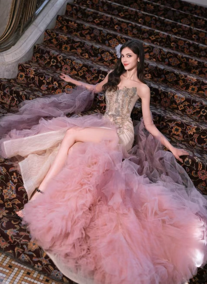 Romantic Pink Mermaid Strapless Exquisite Beaded Tulle Long Prom Dress DP4602