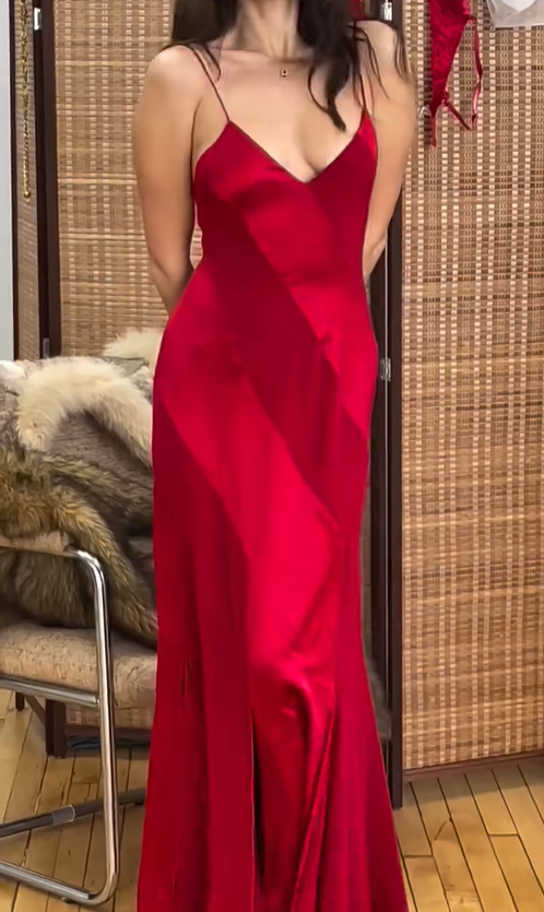 Sexy Red Mermaid Spaghetti Strap Simple Satin Prom Dress Evening Dress DP4775