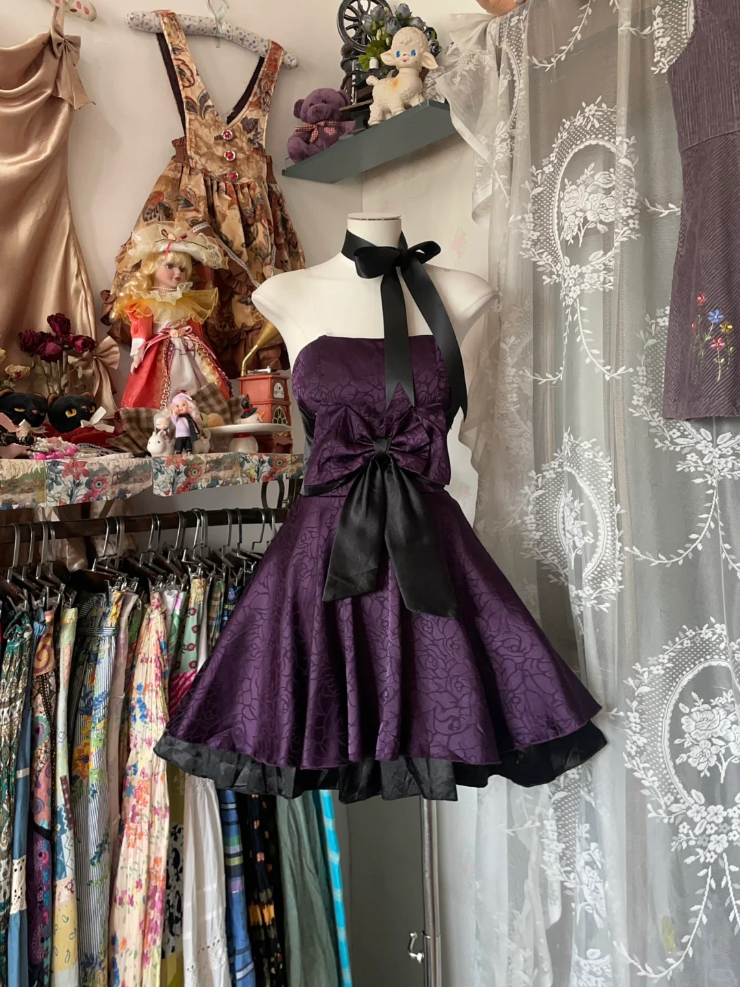 Dark Purple Vintage A Line Strapless Print Floral Satin Short Homecoming Dress Party Dress DP4993