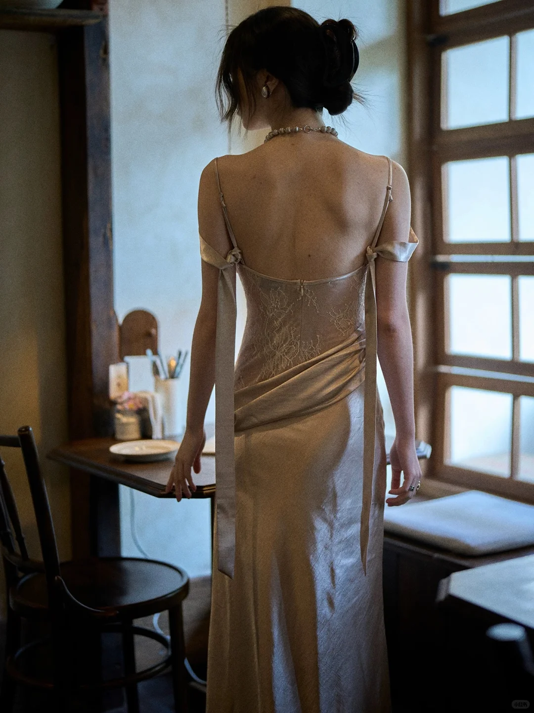 Elegant Sheath Spaghetti Strap Lace Satin Long Prom Dress Party Dress Outfits DP4533