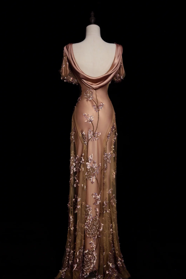 Vintage Brown A Line Straps Beaded Sequin Tulle Satin Long Prom Dress Party Dress DP4468