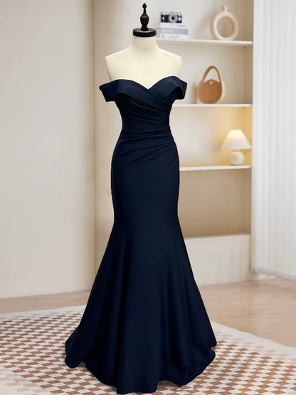 Navy Blue Off The Shoulder Satin Mermaid Evening Dress Long Prom Dress DP037