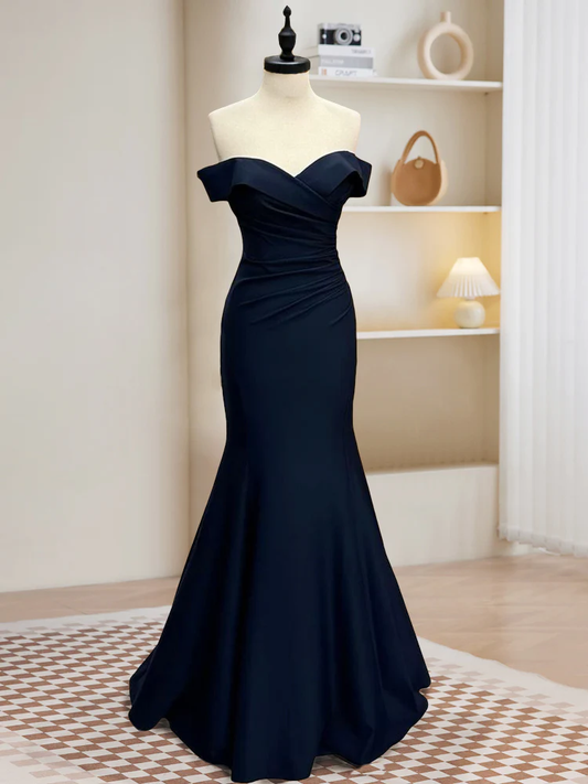Navy Blue Off The Shoulder Satin Mermaid Evening Dress Long Prom Dress DP037