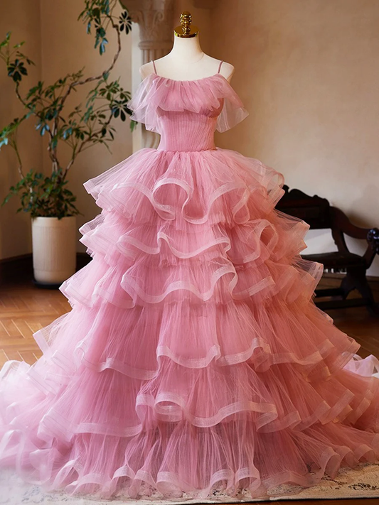 Pink Tulle Layers Long A-Line Prom Dress Sweet 16 Quinceanera Dress Evening Dress DP252