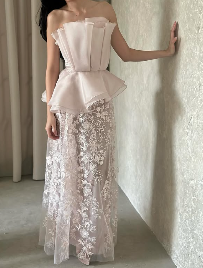 Light Pink A Line Strapless Embroidery Tulle Long Prom Dress Evening Dress DP5950