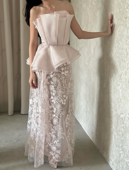 Light Pink A Line Strapless Embroidery Tulle Long Prom Dress Evening Dress DP5950