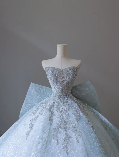 Blue Bow Ball Gown Strapless Sequin Beaded Tulle Long Prom Dress Wedding Dress DP4650
