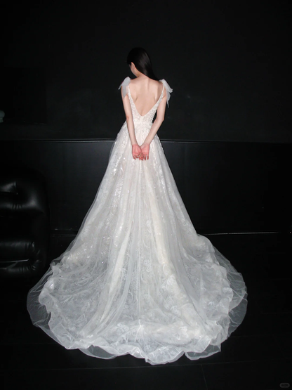 Princess A Line V Neck White Beaded Sequin Lace Tulle Long Wedding Dress DP8114
