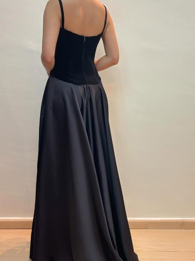 Charming A Line Spaghetti Strap Corset Velvet Satin Long Prom Dress Evening Dress DP1601