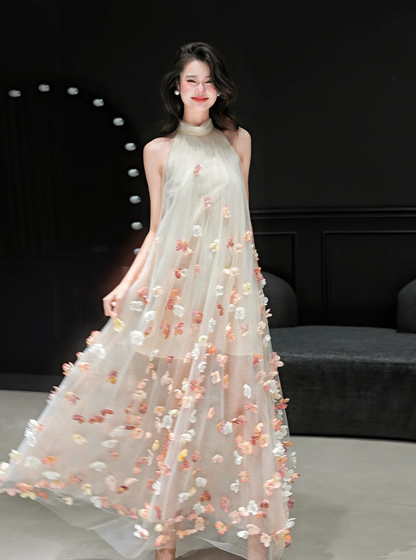 Cute Pink A Line Halter Floral Pink Tulle Prom Dress 16th Birthday Dress DP4250