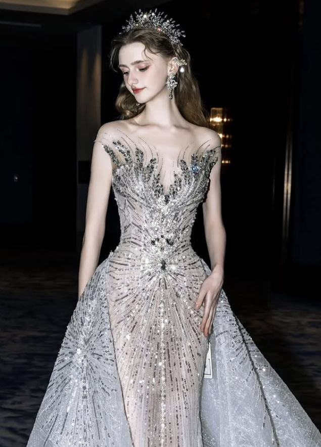 Silver Sequin Ball Gown V Neck Exquisite Beaded Tulle Long Prom Dress DP4389