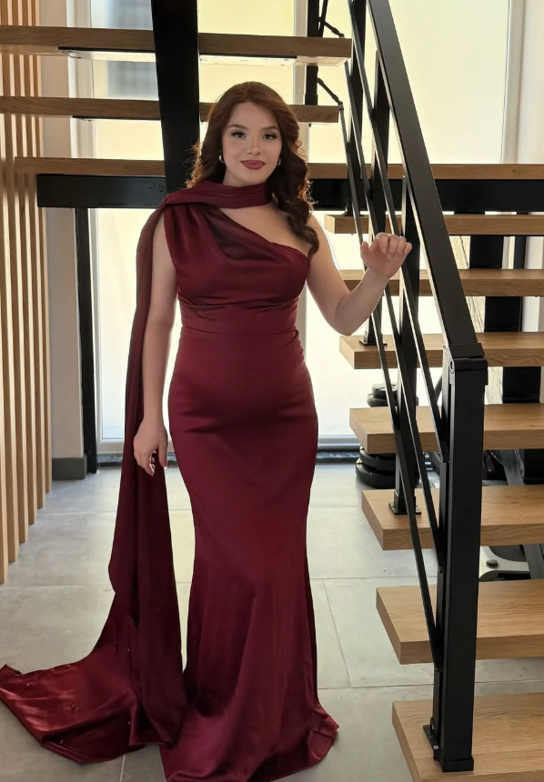 Simple Burgundy Sheath One Shoulder Satin Long Prom Dress Evening Dress DP6937