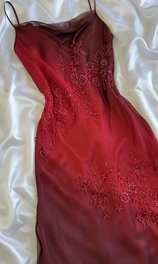 Vintage Red Ombre A Line Straps Beaded Chiffon Prom Dress DP5073