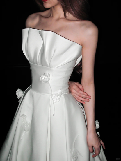 Gentle 3D Floral A Line Strapless White Lace Satin Long Wedding Dress DP8122