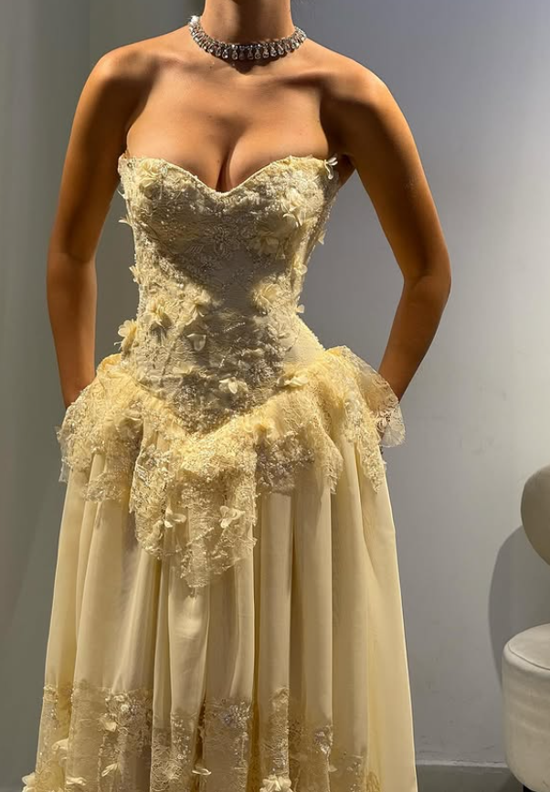 Yellow A Line Sweetheart Neck Lace Chiffon Prom Dress 16th Birthday Dress DP3713