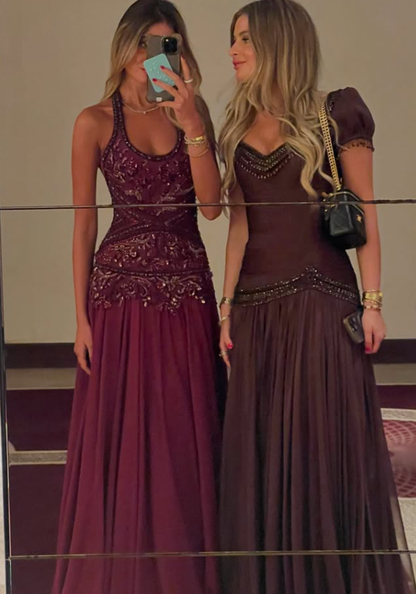 Exquisite A Line Halter Beaded Chiffon Long Prom Dresses DP4621