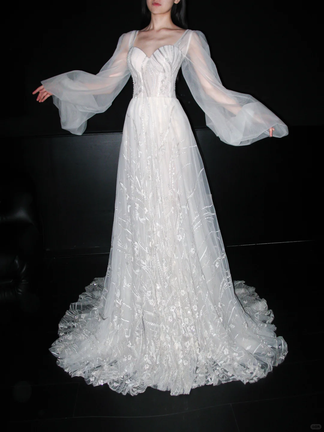 Dreamy Ball Gown Long Sleeve Sequin White Tulle Long Wedding Dress DP6369