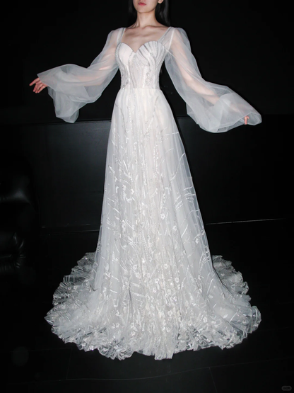 Dreamy Ball Gown Long Sleeve Sequin White Tulle Long Wedding Dress DP6369