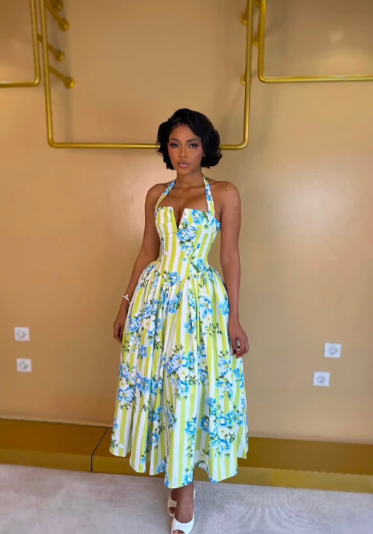 Summer A Line Halter Blue Print Green Stripe Satin Backless Prom Dress Outfits DP6321