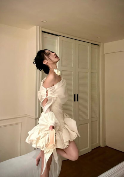New Ivory A Line Long Sleeve Pleated Chiffon Short Prom Dress Homecoming Dress DP7971