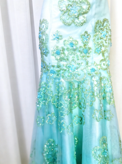 Dreamy Blue Vintage Mermaid Strapless Beaded Tulle Prom Dress Party Dress DP5009