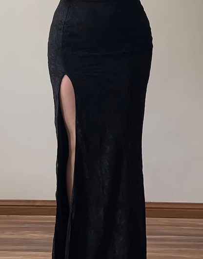 Sexy Black Print Sheath Spaghetti Strap Satin Slit Long Prom Dress Evening Dress DP6487