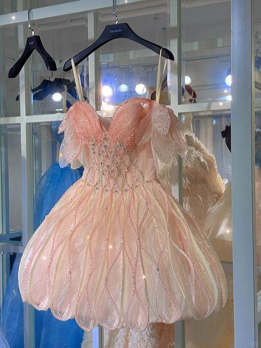 Gentle A Line Off the Shoulder Rhinestone Pink Tulle Homecoming Dress Cocktail Dress DP2679
